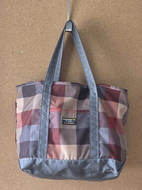 L.L.Bean Lightweight Plaid Checkered Carryall Tote Bag Gray Trim